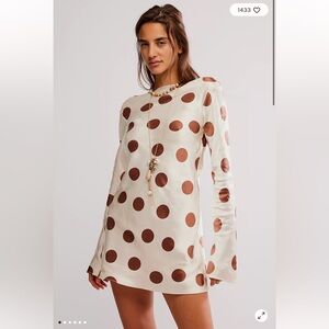 Free People Cream Long Sleeve Polka Dot Mini Dress with Brown Dots